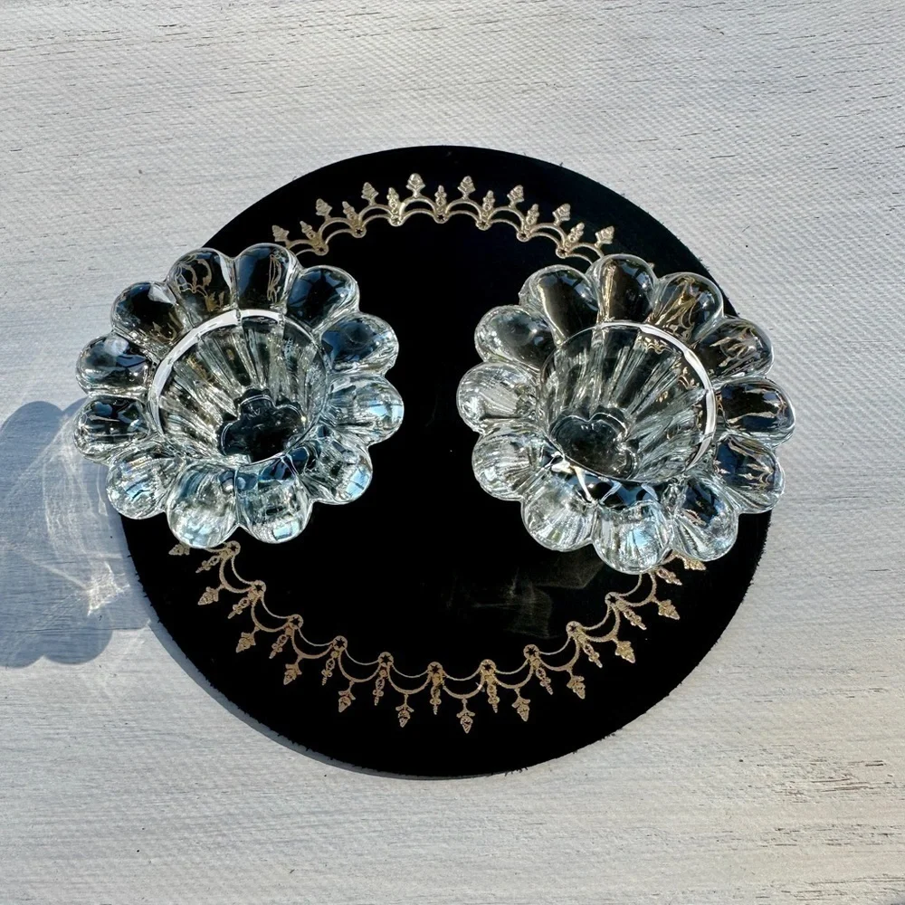 VINTAGE, KIG MALAYSIA, CRYSTAL CANDLE HOLDERS. 3 1/4” SCALLOPED RIM.